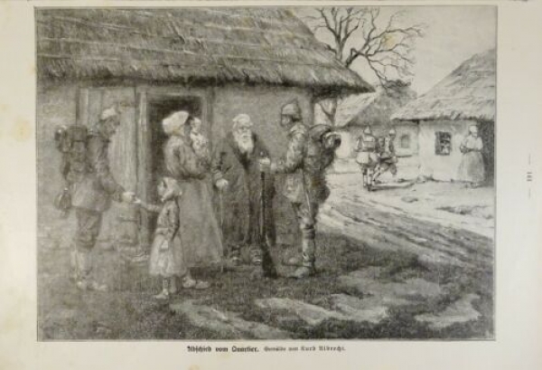 1917 - alter Druck - Abschied vom Quartier (Gemälde von Kurd Albrecht)